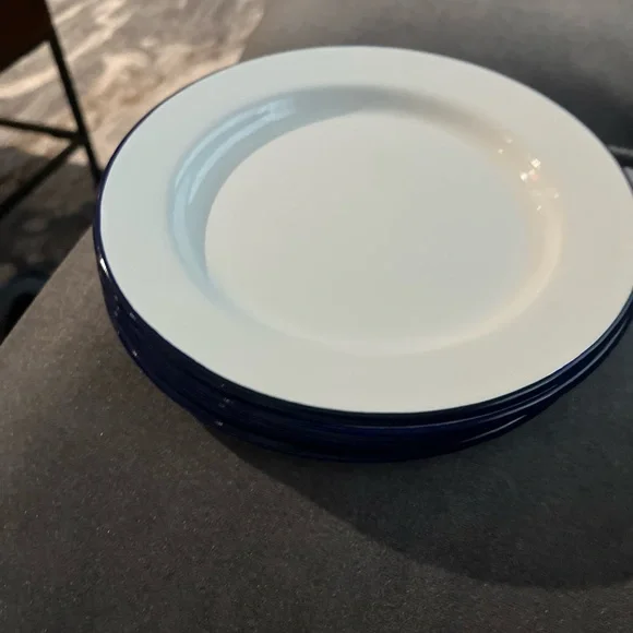 Crow Canyon Home White with Blue Trim 8”  Enamel Plates Set of 6 - Picture 3 of 5